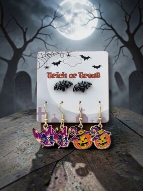 Halloween 3-Piece Earring Set - Bat Studs, Witch's Hat & Jack-O'-Lantern